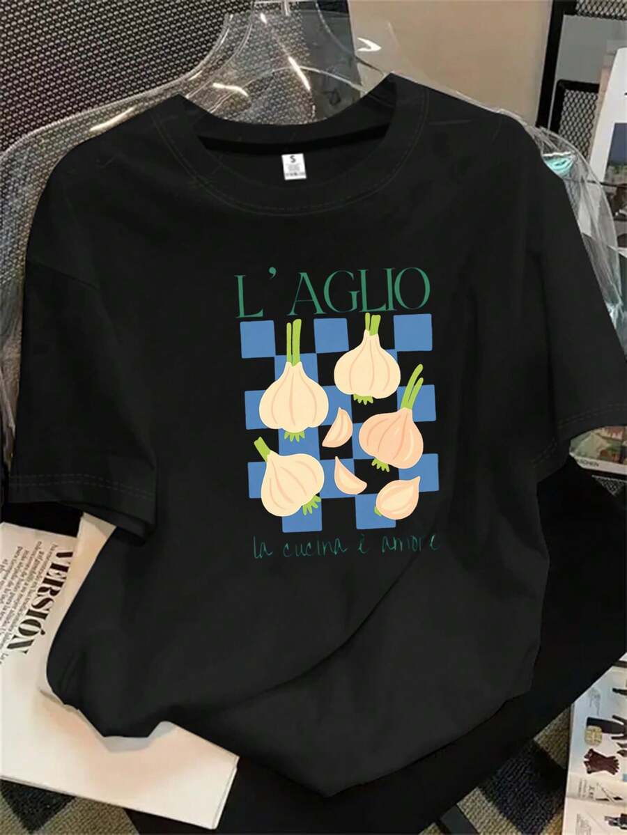 Top de mujer de manga corta y cuello redondo con estampado floral blanco, ideal para todas las estaciones. - Negro - Ver 1