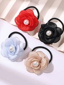 4 Pcs Girls Cute Faux Pearl Mesh Flower Hair Ropes, New Bohemia/Boho Flower Ponytail Holder Hair Tie Hair Accessory Set For Holiday Parties And Daily Use - Multicolor - View 4