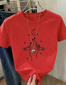 Women's Casual Short-Sleeved Crew Neck T-Shirt With A Planet And Moon Print, Ideal For Everyday Wear. - Vintage Street Style Unisex Cotton Short Sleeve Crew Neck T-Shirt - 紅色 - 查看 10