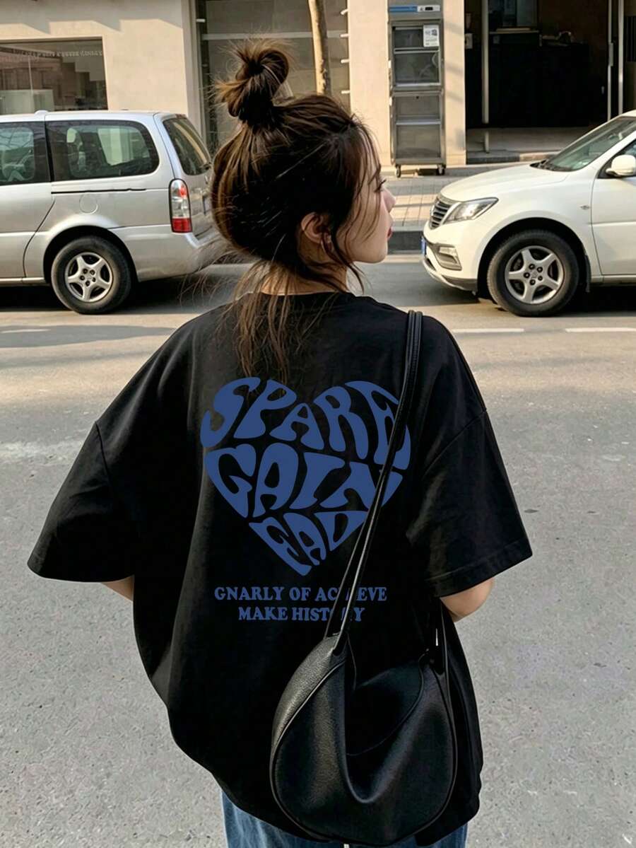 女款時尚春夏寬鬆圓領簡約百搭字母愛心印花短袖T恤夏季上衣 - 黑色 - 查看 1