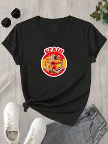 Top de mujer de manga corta y cuello redondo con estampado de pegatinas españolas, apto para todas las estaciones. - Negro - Ver 1