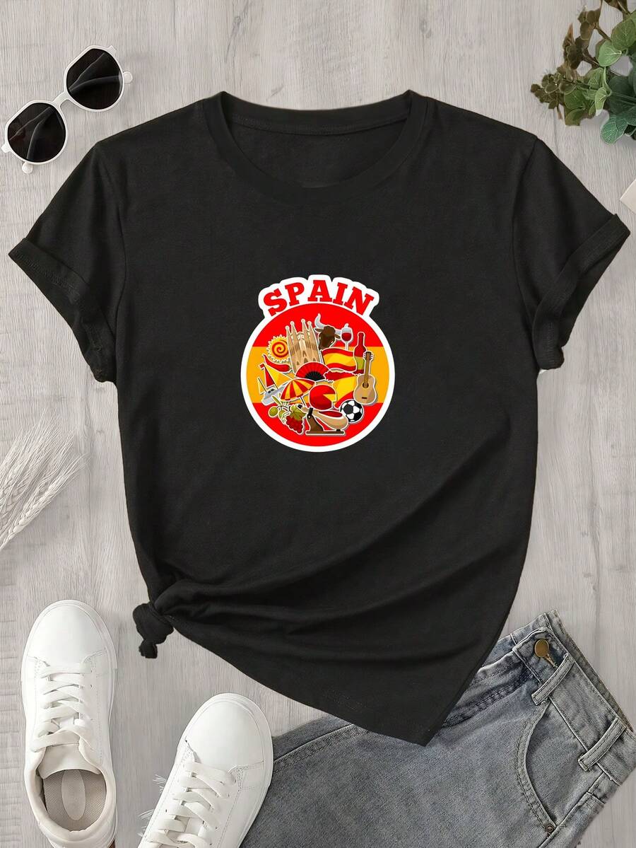 Top de mujer de manga corta y cuello redondo con estampado de pegatinas españolas, apto para todas las estaciones. - Negro - Ver 1