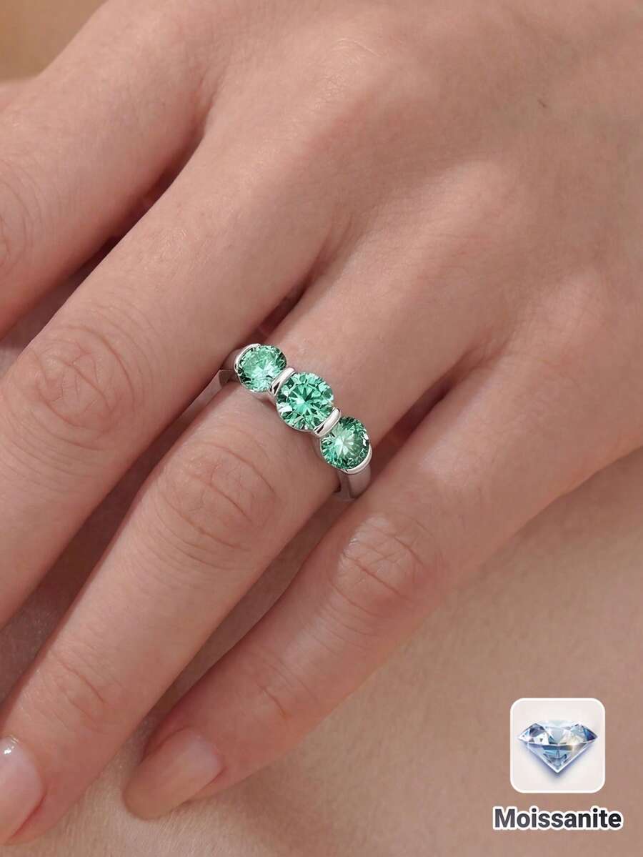 1pc Fashion Classic Couple Ring S925 Sterling Silver Inlaid 1.5CT Round Blue-Green Moissanite High Quality Engagement Ring Suitable For Wedding, Date, Valentine's Day, Anniversary Gift - Silver - View 1