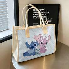 Miniso Disney Lilo & Stitch Stitch, Angel & Scrump Polka Dot Tote Bag, Canvas Bag With Pink Trim, Large Capacity Handbag For Commuting, School, Travel And Shopping - Black - View 3