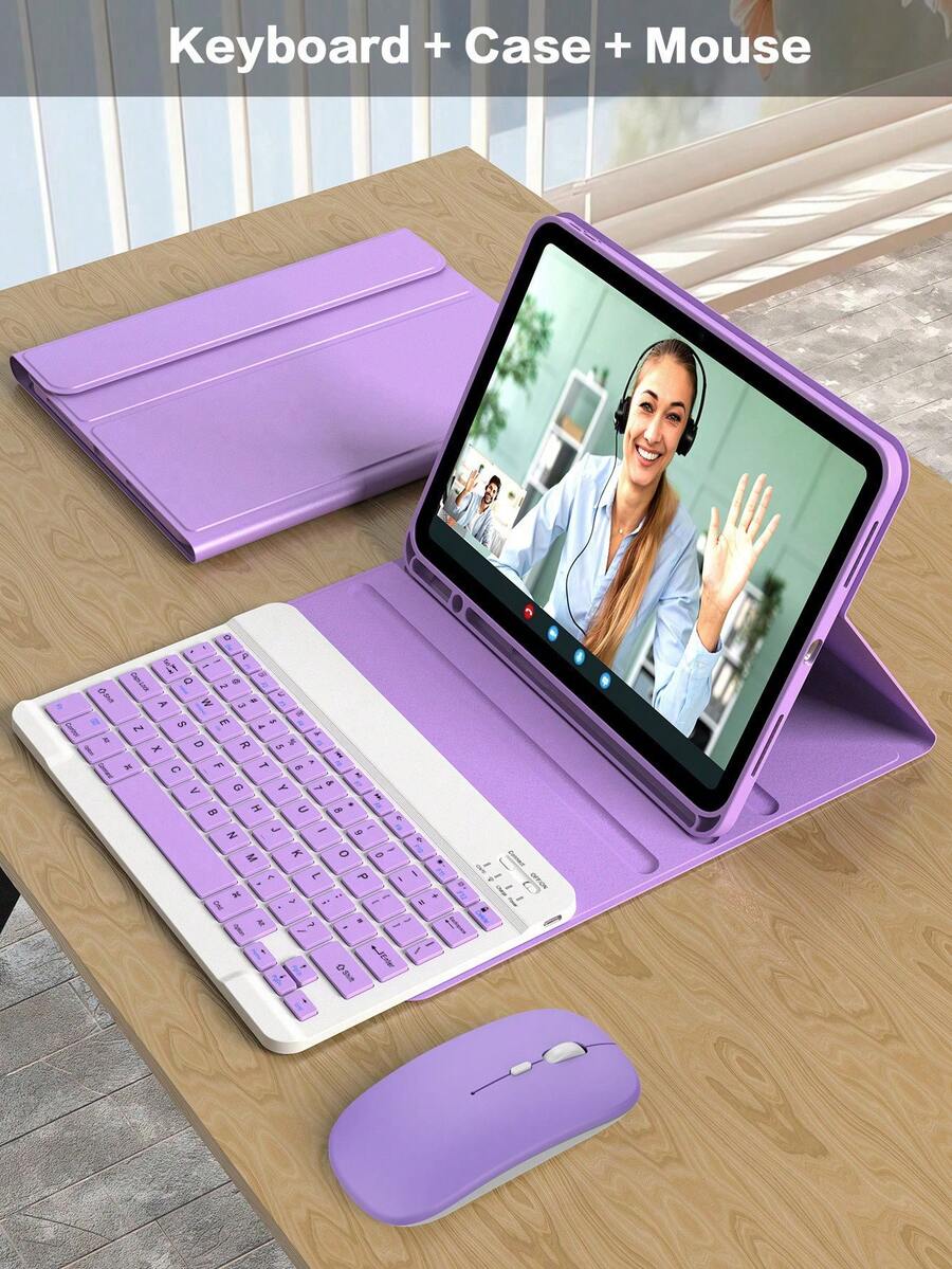 Shockproof Solid Color Wireless Keyboard & Mouse Set For IPad 5/6/7/8/9/10, Pro 11, Air 1/2/3/4/5/6, Detachable Wireless Keyboard (150mAh Battery) And Protective Case With Pen Slot Light Purple Spring Easter Gift