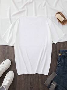 Top de mujer de cuello redondo y manga corta con estampado floral rosa y la palabra "amor", apto para todas las estaciones. - Blanco - Ver 2