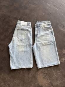 男士淺色水洗寬鬆大腿寬牛仔短褲 Jorts，復古膝長街頭風牛仔短褲，適合夏季 - 淺藍色 - 查看 4