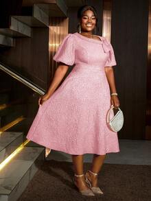 Women Plus Size Pink Jacquard Flared Puff Sleeve A-Line Graduation Dress Wedding - Pink - View 5