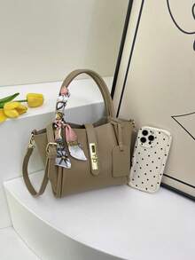 2pcs Set Tas Tote Medium Model Baru Musim Semi Bahan PU untuk Wanita, Tas Selempang Minimalis untuk Komuter dengan Dekorasi Syal, Cocok untuk Wanita dan Anak Perempuan, Perlengkapan Kerja Penting - Khaki - View 8