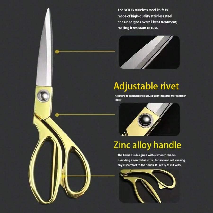 Tijeras de Sastre de Acero Inoxidable, Tijeras de Costura Profesionales para Cortar Tela, Tijeras de Aleación Afiladas para Cuero, Tela, Manualidades y Costura - Tijeras de costura de 8 pulgadas con mango dorado - un solo mango - Ver 1
