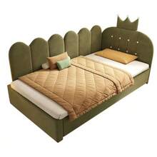 Divano letto 90x200 cm con letto estraibile, letto singolo per ospiti 90x190 cm, a forma di L, velluto, beige, design a griglia con corona, grazioso design a corona e griglia, camera per gli ospiti, senza materasso - Verde - Visualizzare 3