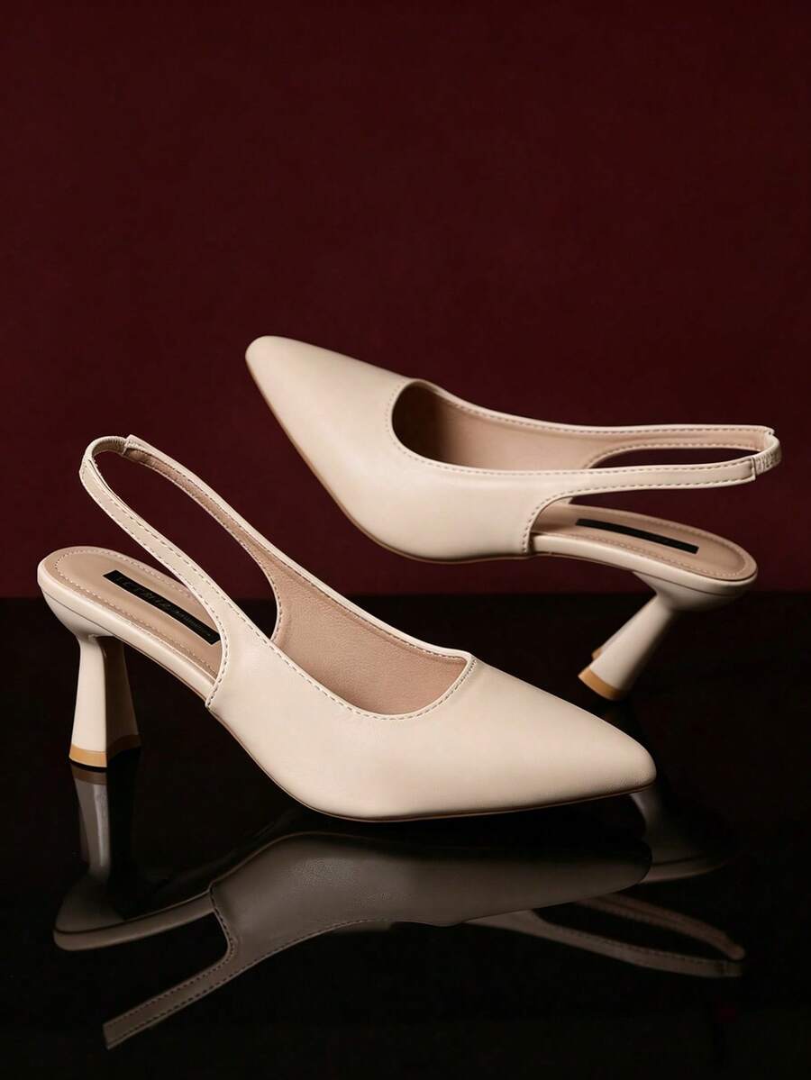 1 Pair Beige Teen Spring/Summer Pointed Toe Slingback Commuter Sandals, Matte PU Material + Elastic Back Strap Design, Gold Heel Decor Chunky Heel Design, Versatile High Heels, Suitable For Workplace / / Daily Scenes, 2026 New Women's Shoes - Beige - View 1