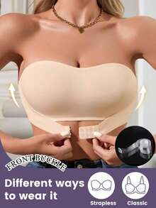 Women Invisible Strapless Push Up Bra Front Closure Convertible Bandeau W/ Clear Straps - Apricot - View 1