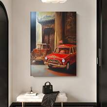 Enmarcado Lienzo plano 2D, 1 pieza,  en lienzo enmarcado - Pintura de autos rojos vintage y arquitectura asiática, póster vertical clásico moderno para sala de estar, oficina, decoración de cocina, uso interior/exterior, regalo perfecto para Navidad, Acción de Gracias, Año Nuevo, obra de arte decorativa, decoración artística, obra de arte vibrante - Enmarcado - Ver 3
