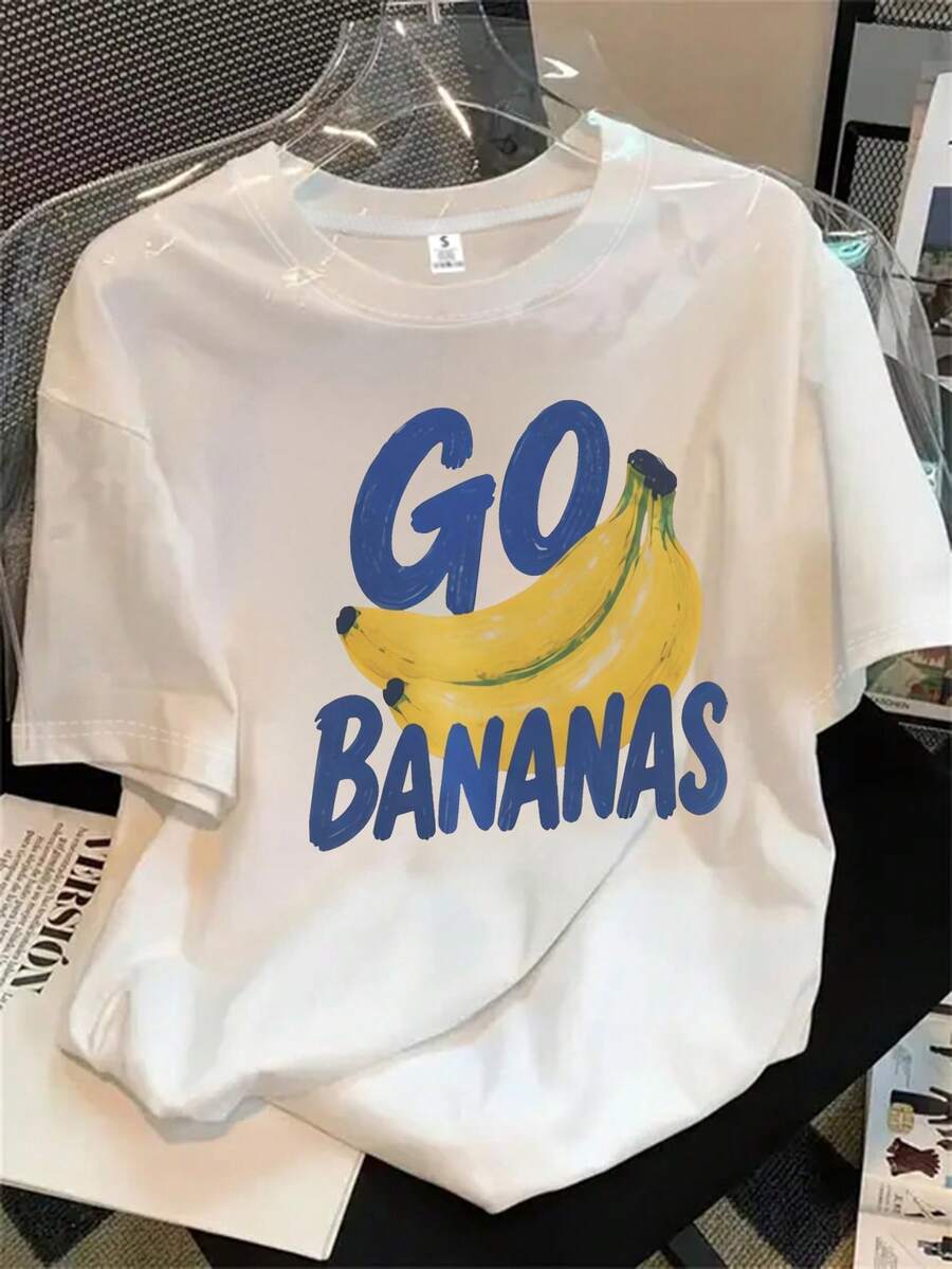 Top de mujer de manga corta y cuello redondo con estampado de plátanos, apto para todas las estaciones. - Blanco - Ver 1