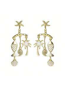 2pcs High Quality Conch Starfish Fish Shell Coconut Tree Bohemian Style Multicolor Metal Women Earrings, Suitable For Daily Commute, Party, Beach Vacation - Multicolor - View 12