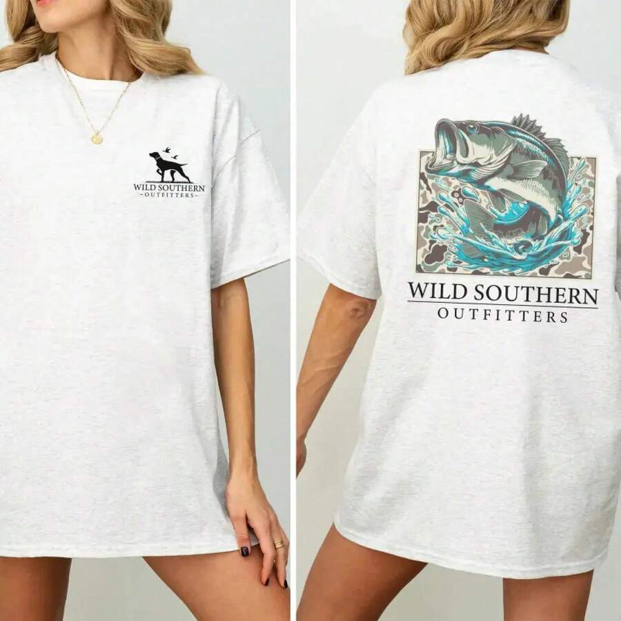 Minimalist. 100% Cotton. 1pac2026 New Summer Fishing Shirt, Camouflage Fishing T-Shirt, Simple Graphic Shirt, Casual Daily Cotton Clothing For Women. Spring Summer Top. - 白色 - 查看 1