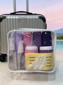18件組獨特垂直溝槽旅行盥洗用品分裝瓶套組，多功能補充化妝品容器套件含噴霧瓶、罐、漏斗、刮棒、刷子及標籤貼紙，適用於度假護膚品收納 - 彩色 - 查看 13