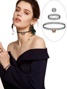 Xiacheng Juego de 1/3 piezas de gargantilla de tatuaje: collar, pulsera, anillo - Estilo de collar de los 90 mezclado con moda vintage Y2K de los 2000 - Accesorio de joyería elástico inspirado - Multicolor - Ver 7