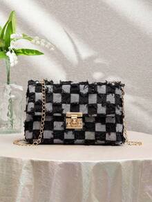 Women's Colorful Contrast Woven Fabric Magnetic Closure Small Square Crossbody Bag - Black - View 3
