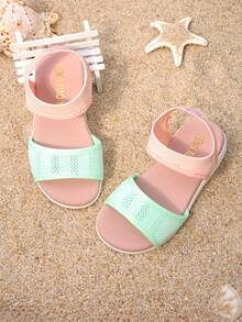 Sandalias de verano casuales lindas y dulces para niños pequeños, de tela suave con patchwork de malla de punto hueco, punta cerrada, caña baja, correa trasera con cierre de gancho y bucle, suela gruesa tipo cuña - Rosa - Ver 6
