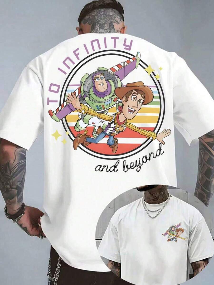 Disney 'Toy Story' Buzz Lightyear And Woody 'To Infinity And Beyond' Printed Men's Short-Sleeve T-Shirt, Featuring A Retro And Fun Design, Loose And Versatile Top, Suitable For Summer Vacations, Daily Casual Wear, And Outdoor Activities. - White - View 1