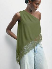 Maija Blusa casual sin mangas de color negro sólido con diseño de hombro asimétrico y pliegues para mujer, primavera/verano 2026 y principios de otoño - Verde militar - Ver 1