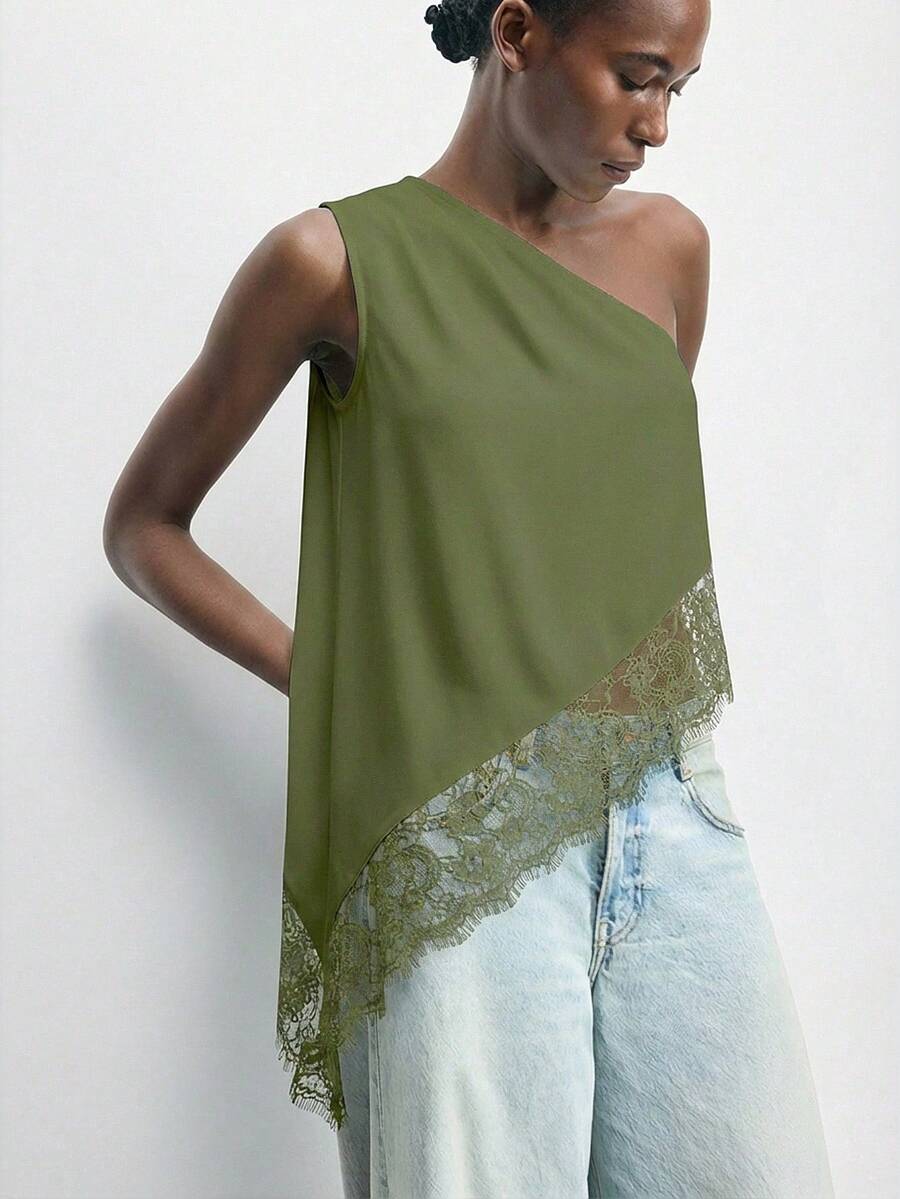 Maija Blusa casual sin mangas de color negro sólido con diseño de hombro asimétrico y pliegues para mujer, primavera/verano 2026 y principios de otoño - Verde militar - Ver 1