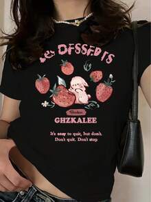T-Shirt Colorata Con Scritte, Fragole E Coniglietti, Perfetta Da Indossare Tutti I Giorni In Primavera Ed Estate, Pensata Per Le Donne, T-Shirt Retrò Dalla Vestibilità Comoda. - 後退 - 查看 1