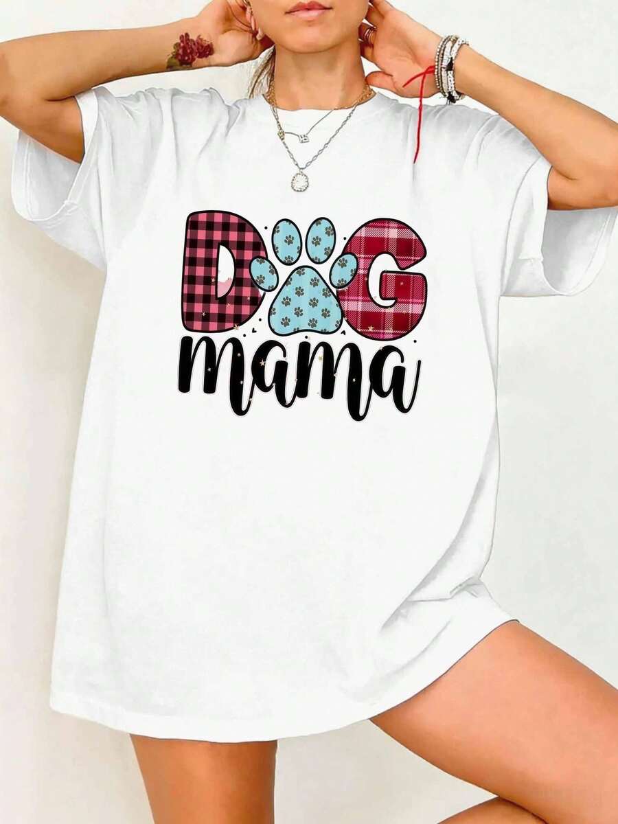 Dog Mama Plaid Paw Print Graphic T-Shirt - 白色 - 查看 1