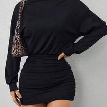 Fengyu Women's Clothing Store  PETITE Vestido de cuello alto, hombros caídos, plisado y ajustado - Celeste - Ver 8
