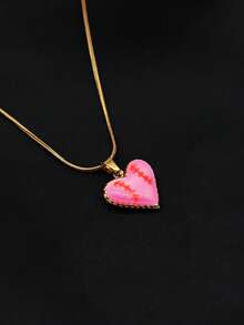 1 pieza Collar de mujer de estilo de lujo ligero versátil y de moda, colgante de béisbol con bloques de color, exquisita artesanía de costura, corazón rosa delicado de nicho, acero de titanio chapado en oro de 18K, cadena de clavícula de alta gama para uso diario - Rosa - Ver 1