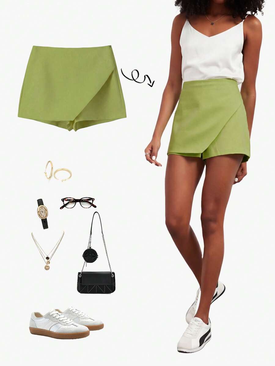 YROOE Women's Fashion Casual Versatile Solid Color Asymmetrical Skirt Shorts - Grass Green - View 1
