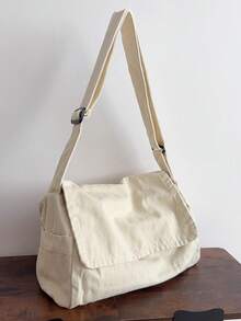 Bolsa cruzada de solapa vintage minimalista, bolsa de lona lavada gruesa, bolsa de mensajero de gran capacidad, versátil y casual, estilo estadounidense para estudiantes universitarios, viaj - Beis - Ver 4