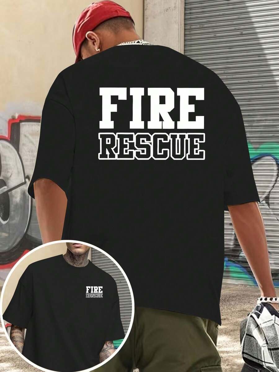 Camiseta de manga corta para hombre, estilo profesional, para rescate contra incendios, con estampado de doble cara y letras texturizadas, talla grande. - Negro - Ver 1