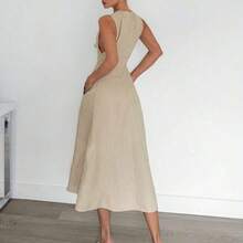xuehuamaoyi02  Vestido hasta la pantorrilla con cuello en V profundo y cintura ajustable con lazo, unicolor - Albaricoque - Ver 3