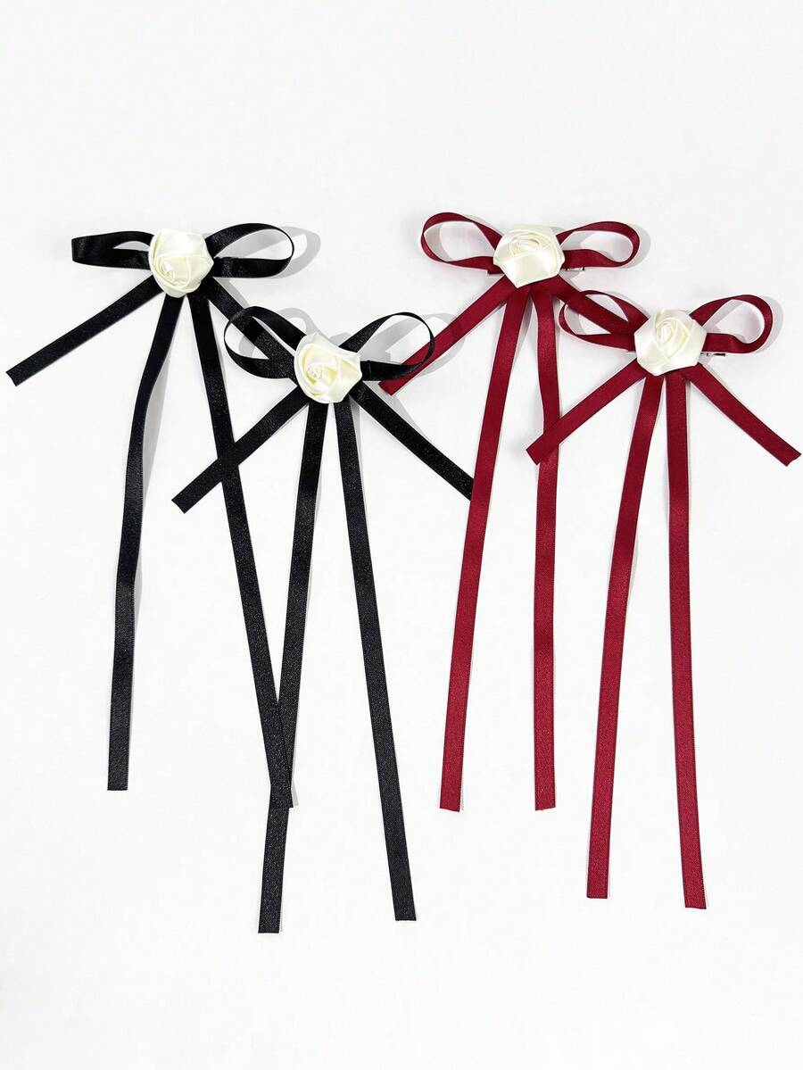 4pcs/Set Pinzas de Pelo con Lazo Negro y Rosa Blanca para Mujer, Adecuadas para Cualquier Ocasión, Pinzas de Garra - Multicolor - Ver 1