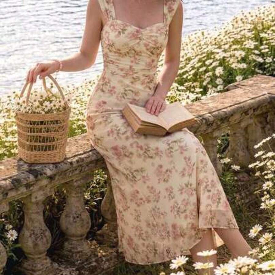 jianchaimaoyi02 Vestido ajustado con estampado floral vintage, tirantes ajustables, cintura entallada, longitud hasta la rodilla, fondo color albaricoque con flores rosas - Rosa - Ver 1