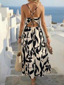 Vestido con estampado de hojas en blanco y negro, sin espalda con lazo, vestido casual de verano para vacaciones, playa y fiesta elegante - Albaricoque - Ver 4