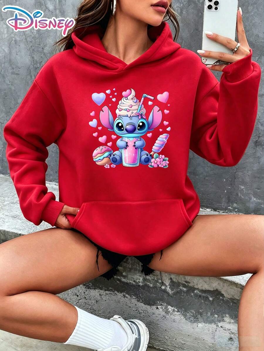 Disney Stitch Cute Sweet Style Ice Cream Donut Milkshake Flower Heart Background Cartoon Graphic Pullover Hoodie Women's Casual Daily Wear Long Sleeve Soft Comfortable Loungewear Teen Girls Fashion Top Gift For Lilo & Stitch Fans It Is A Gift For Fans And Friends, And It Is Also A Perfect Gift Choice For Lovers, Relatives And Friends. - Red - View 1
