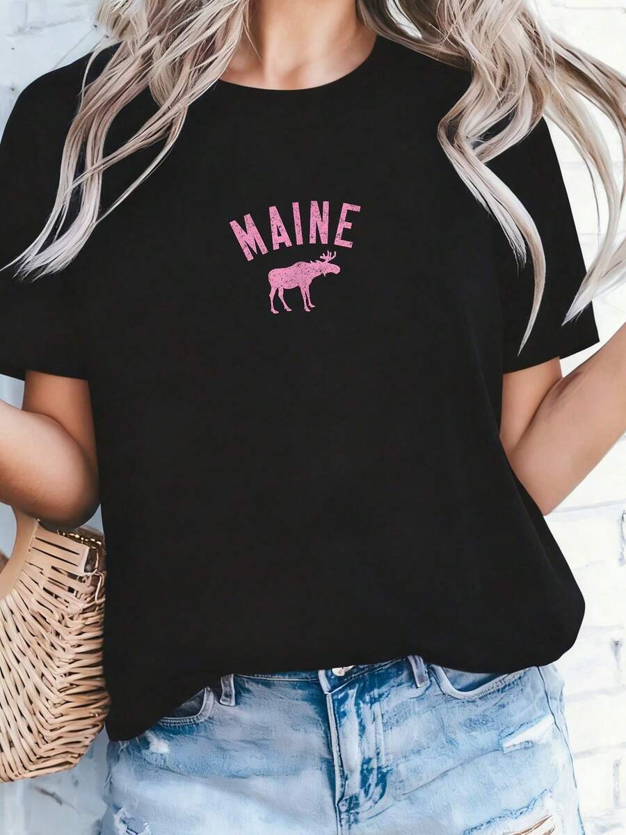 Maine Text And Moose Distressed Pink Print T-Shirt - Black 1 - View 1