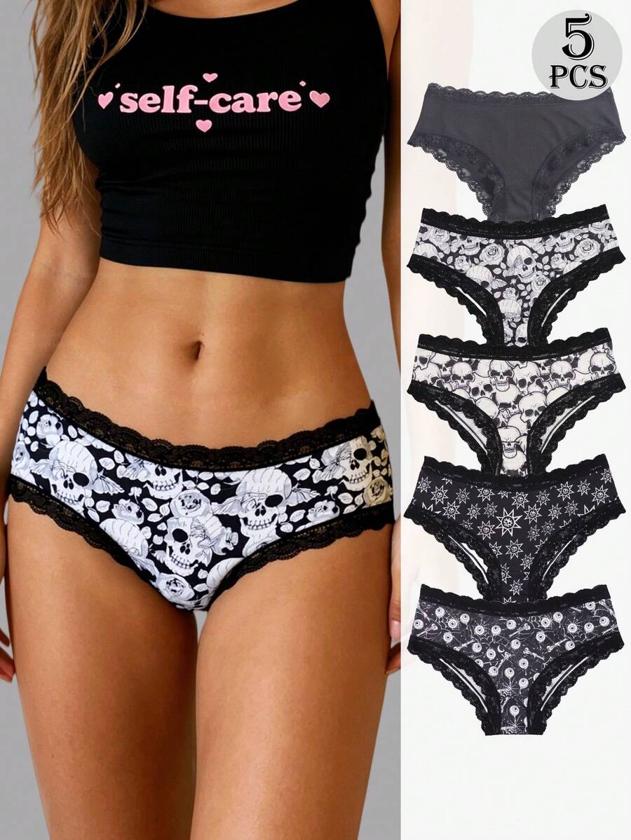 Dircho 5 chiếc/gói Quần lót nữ phong cách Gothic quyến rũ & dễ thương, phối màu tương phản, ren, in họa tiết đầu lâu Halloween, mắt, sao và hoa hồng, quần lót ôm vừa vặn thoải mái, đồ lót nữ