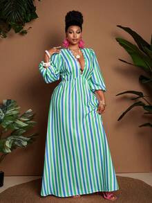 Maweii Vestido casual de manga larga con cuello en V y rayas, talla grande - Multicolor - Ver 1