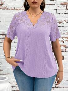 Clasi Camiseta de talla grande de verano de unicolor con contraste de encaje calado y bordado - Púrpura malva - Ver 1