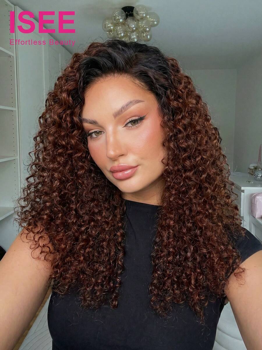 ISEE Hair Wear Go Half Wig Water Wave Flexible Fit 3 In 1 Half Wig With Drawstring Reddish Brown Ombre Color Wear Go Glueless Human Hair Wig 180% Density 14-16 Bob 18-28 Regular Inch Daily Use For Women - SNATURAL/33 - View 1