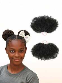 2 Packs Girls' Ponytail Scrunchies, Fluffy Curly Hair Buns, Suitable For Girls, Natural Black Synthetic Hair Ties, Hair Accessories - Black - View 2
