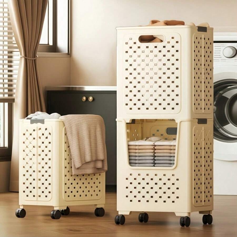 Large Foldable Storage Basket With Wheels, High-Capacity Laundry Basket, Mobile Storage Cart For Textiles. Suitable For Bathrooms, Balconies, Bedrooms, And Laundry Rooms For Storing Clothes, Towels, And Yoga Mats. - Xem 1
