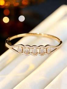1pc Luxury Full Rhinestone Inlaid Geometric Bangle, Niche Design High-End Style Jewelry, Versatile For Daily Commute - Bracelet - View 7