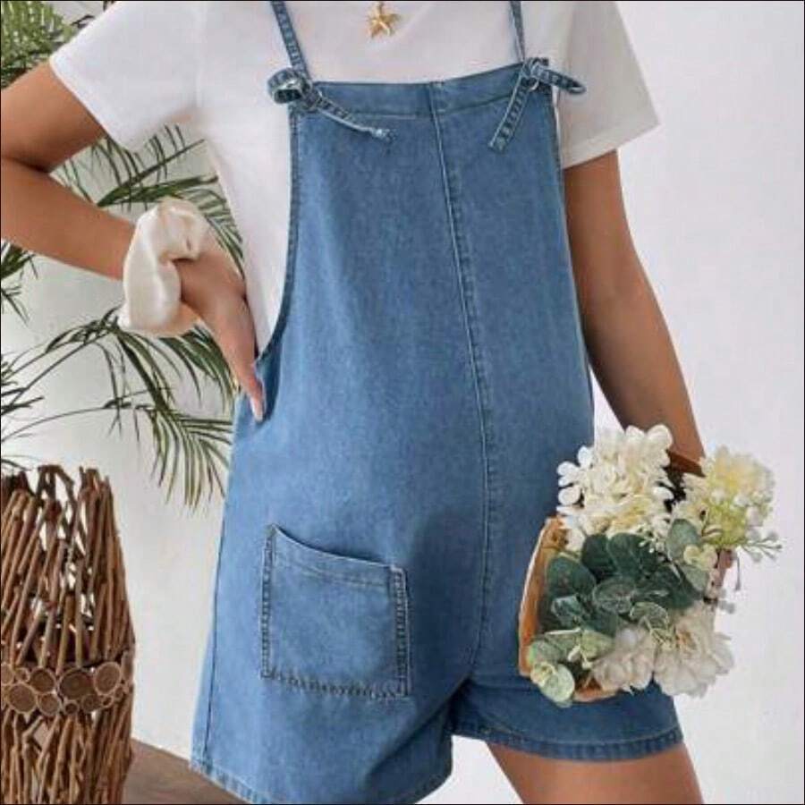 WNS Shorts vaqueros cortos sencillos con tirantes y bolsillo para maternidad, uso casual diario - Azul - Ver 1