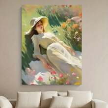 Enmarcado Lienzo impreso enmarcado 2D plano (1 unidad): serena escena pastoral con mujer vestida de blanco, diseño 2D/plano, vibrante fondo floral, marco de PVC duradero, ideal para el hogar, la oficina, el bar, la decoración del aula, regalo perfecto para las fiestas, el Día de la Madre, la graduación, decoración de bares | Diseño pastoral | Marco de poliestireno,  en lienzo - Enmarcado - Ver 1